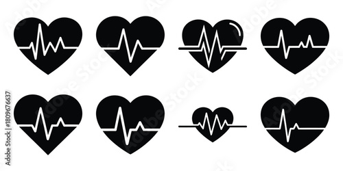 cupid heartbeat Valentine's Day icon set silhouette style and isolated on white background Vector illustration