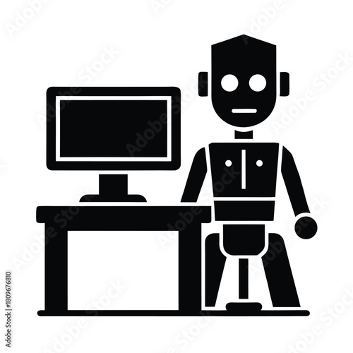robot sitting at ai workstation minimal tech scene