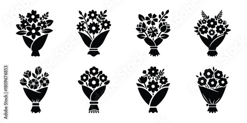 flower bouquet Valentine's Day icon set silhouette style and isolated on white background Vector illustration