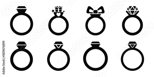 gifted ring Valentine's Day icon set silhouette style and isolated on white background Vector illustration