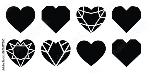 heart diamond Valentine's Day icon set silhouette style and isolated on white background Vector illustration