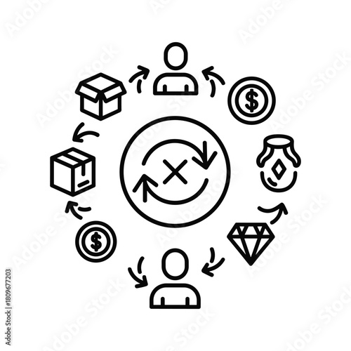 Circular exchange of goods, money, and resources between people isolated on