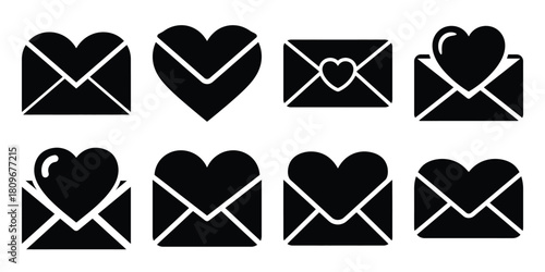 heart envelope Valentine's Day icon set silhouette style and isolated on white background Vector illustration