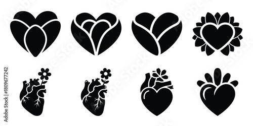 heart flower Valentine's Day icon set silhouette style and isolated on white background Vector illustration