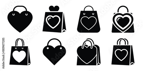 heart gift bag Valentine's Day icon set silhouette style and isolated on white background Vector illustration