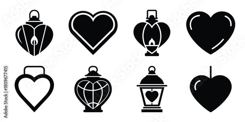heart lantern Valentine's Day icon set silhouette style and isolated on white background Vector illustration