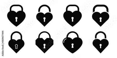 heart lock Valentine's Day icon set silhouette style and isolated on white background Vector illustration