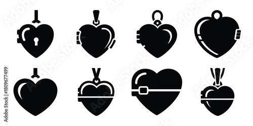 heart locket Valentine's Day icon set silhouette style and isolated on white background Vector illustration