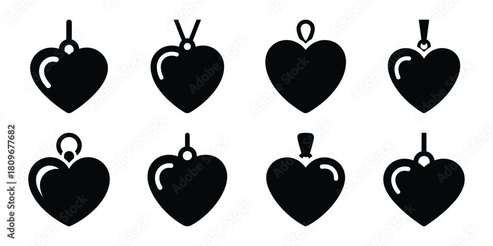 Fototapeta premium heart pendant Valentine's Day icon set silhouette style and isolated on white background Vector illustration