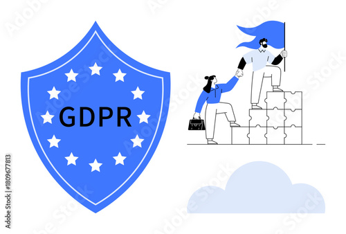Blue GDPR shield with stars alongside two individuals climbing puzzle steps symbolizing teamwork, data security, and regulation compliance. Ideal for business, legal, privacy, teamwork, cloud