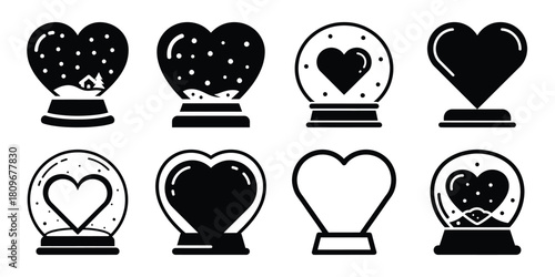 heart snow globe Valentine's Day icon set silhouette style and isolated on white background Vector illustration