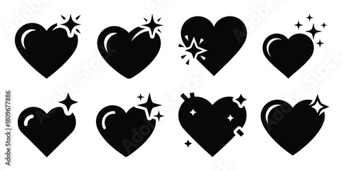 heart sparkle Valentine's Day icon set silhouette style and isolated on white background Vector illustration