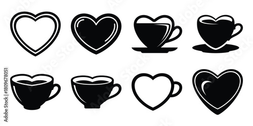 heart tea cup Valentine's Day icon set silhouette style and isolated on white background Vector illustration
