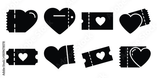 heart ticket Valentine's Day icon set silhouette style and isolated on white background Vector illustration
