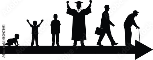 Human life stages silhouette on arrow of time