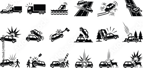 Car accident vector icon set of collision insurance crash damage traffic transportation wreck hit and run road automobile safety pictogram symbol