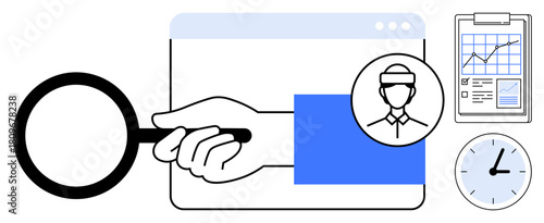 Magnifying glass inspecting web page, professional profile icon, analytics chart on clipboard, and clock. Ideal for research, recruitment, data analysis, business planning, user-focused insights