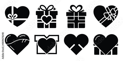 heart wrapped gift Valentine's Day icon set silhouette style and isolated on white background Vector illustration