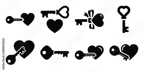 key to heart Valentine's Day icon set silhouette style and isolated on white background Vector illustration