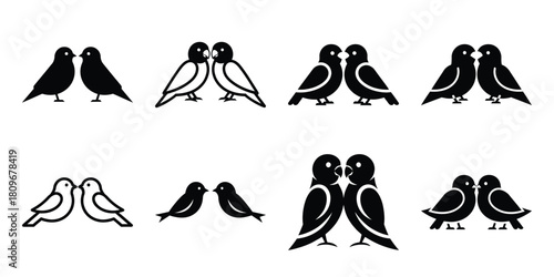 love birds Valentine's Day icon set silhouette style and isolated on white background Vector illustration