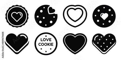love cookie Valentine's Day icon set silhouette style and isolated on white background Vector illustration