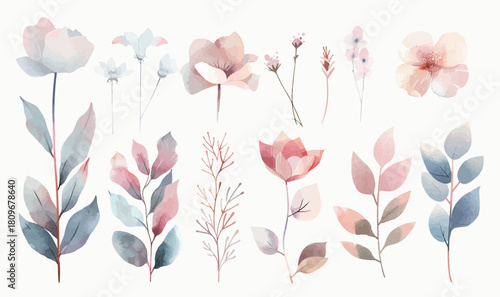 Watercolor botanical elements collection featuring delicate flowers and leaves in soft pastel hues for elegant spring and wedding designs