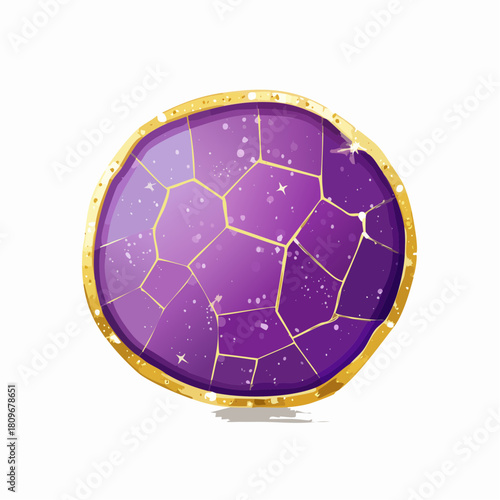 Purple crystal geode background with glitter and gold cracks. Violet amethyst sparkling gemstone with gold border.
