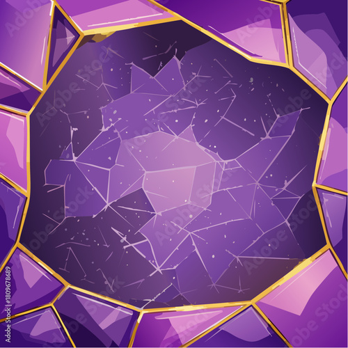 Purple crystal geode background with glitter and gold cracks. Violet amethyst sparkling gemstone with gold border.
