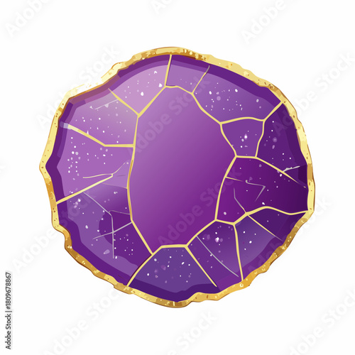 Purple crystal geode background with glitter and gold cracks. Violet amethyst sparkling gemstone with gold border.
