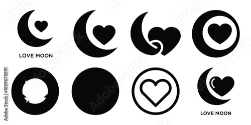 love moon Valentine's Day icon set silhouette style and isolated on white background Vector illustration