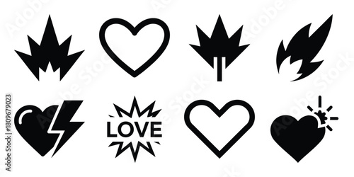 love spark Valentine's Day icon set silhouette style and isolated on white background Vector illustration