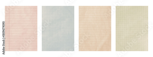 Vintage lined and grid checkered paper set, pastel notebook pages collection background, retro old sheet stationery