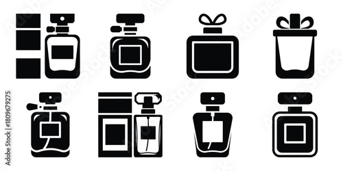 perfume gift Valentine's Day icon set silhouette style and isolated on white background Vector illustration