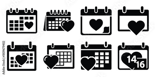 romantic calendar Valentine's Day icon set silhouette style and isolated on white background Vector illustration
