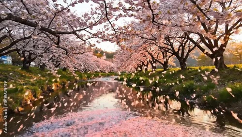 Cherry Blossoms Reflecting In A Stream At Sunrise