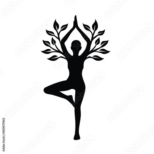silhouette of woman doing yoga tree pose in park