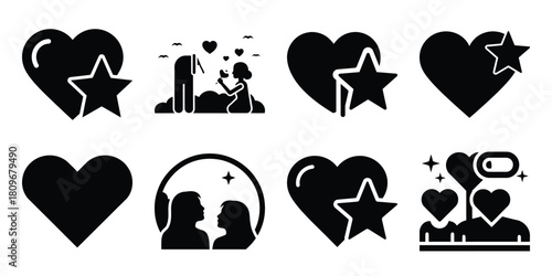 romantic night Valentine's Day icon set silhouette style and isolated on white background Vector illustration