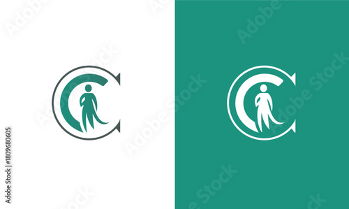 Abstract Letter C with Silhouette of Person Logo Design in Teal and White