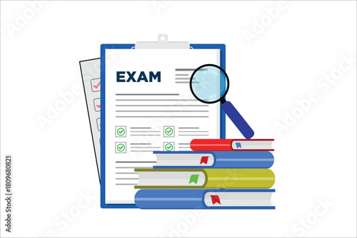 Educational Exam Form with Checklist. Test Paper, Study Books, Magnifying Glass, School Assessment Flat Vector Illustration