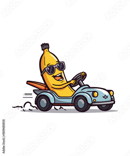 Banana Driving Car in Sunglasses Fun Cartoon Illustration
