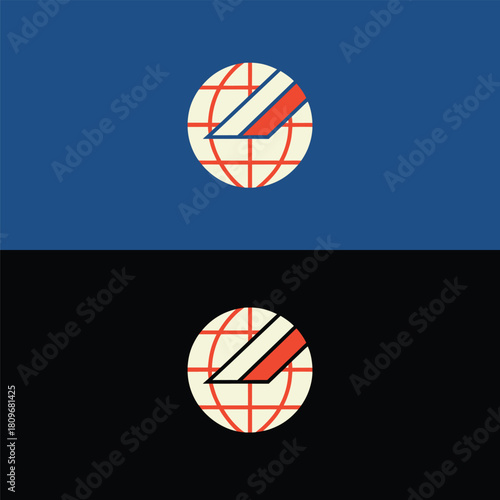 Retro globe logo set against vibrant blue and sleek black backgrounds, offering a dynamic visual for global branding or technology concepts with a vintage flair