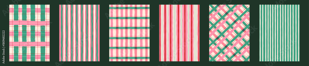 Fototapeta premium Hand drawn Holiday plaid and stripe patterns in pink, green, and cream. Seamless rustic textures perfect for holiday wrapping paper, fabric, scrapbook design, stationery, and winter projects. Vector