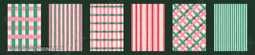 Hand drawn Holiday plaid and stripe patterns in pink, green, and cream. Seamless rustic textures perfect for holiday wrapping paper, fabric, scrapbook design, stationery, and winter projects. Vector