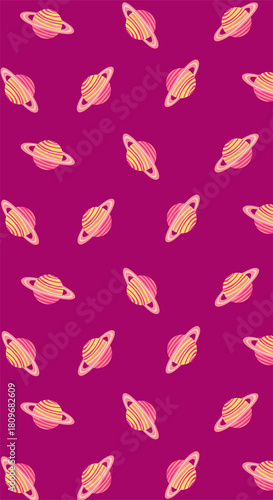 Planet Seamless Pattern on Dark Pink Magenta Background