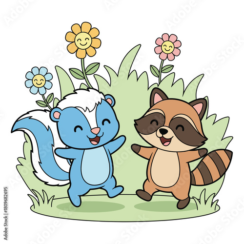 Cute Cartoon Skunk and Raccoon Friends Dancing in Garden. Happy Forest Animals Playing with Smiling Flowers for Kids Design Vector Illustration.
