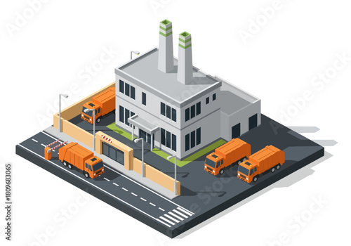 Isometric vector illustration of a waste processing plant with twin smokestacks, a security gate, and orange garbage trucks navigating the facility grounds