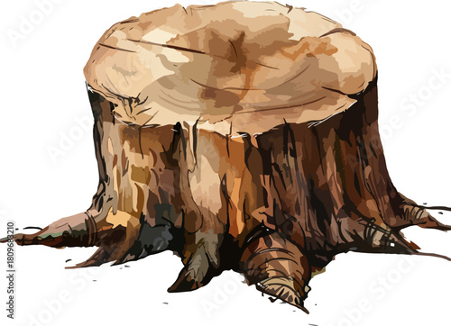 Brown tree stump with visible growth rings and weathered bark details standing firmly on the ground, representing nature and forestry