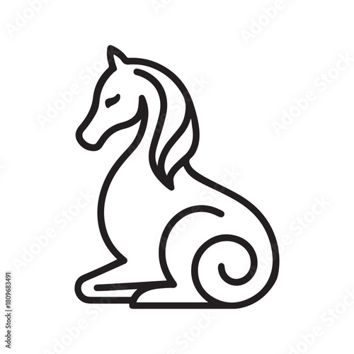 Graceful black line art illustration of a stylized mythical creature, resembling a horse or seahorse, sitting elegantly with a curly, swirling tail, isolated on a white background