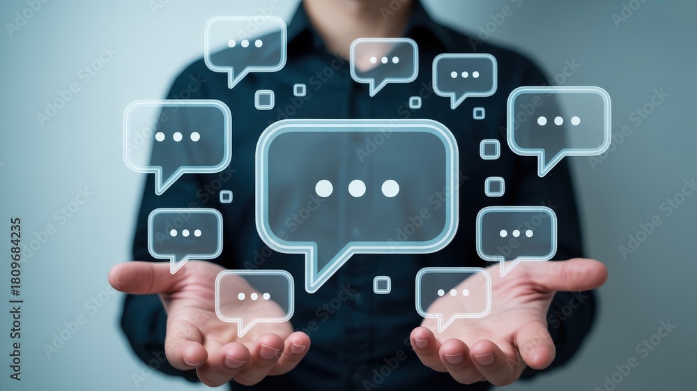 custom made wallpaper toronto digitalPerson presenting multiple floating digital message bubbles above open hands