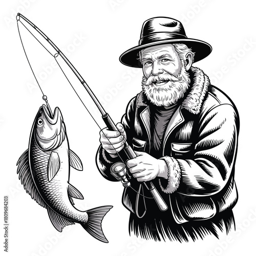 Fisherman holding fishing rod and a fish he just caught happily